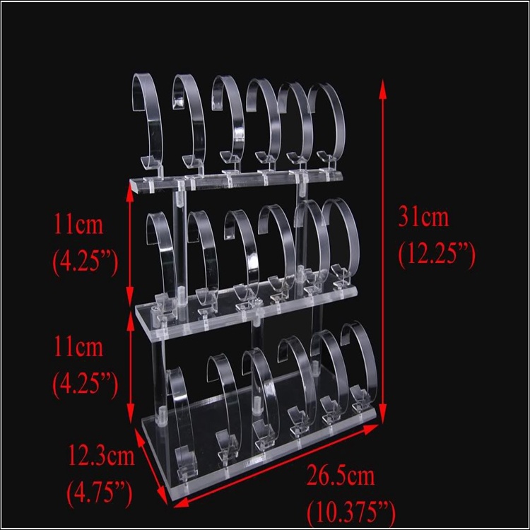 Black or Clear Acrylic Display Stand for Jewelry Bangle, Watches. Capacity 18, 3 Tier